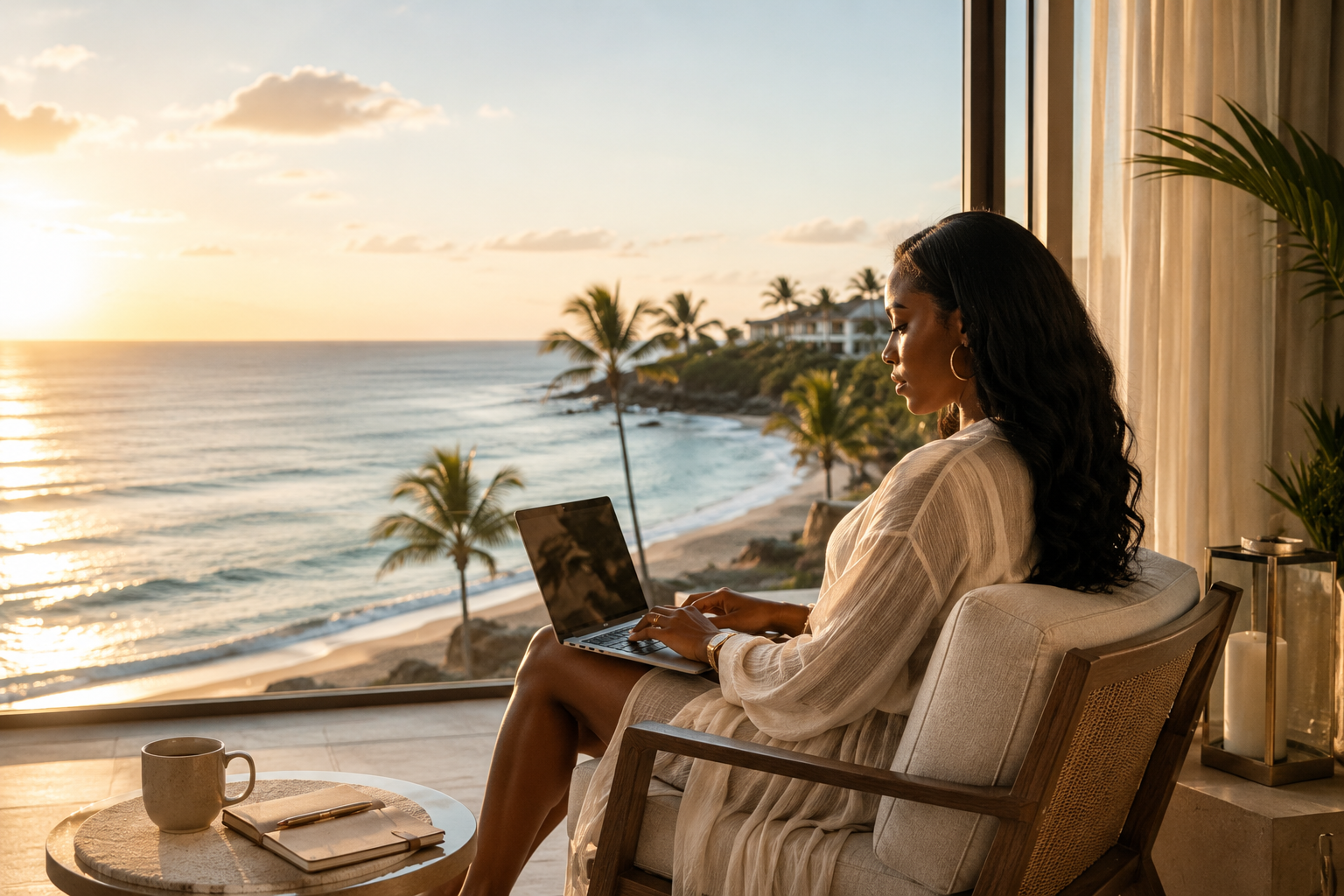 Travel agent working from a beautiful location